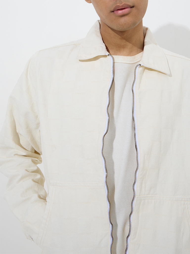 Nuon Off-White Self-Patterned Relaxed-Fit Denim Jacket - Image 2