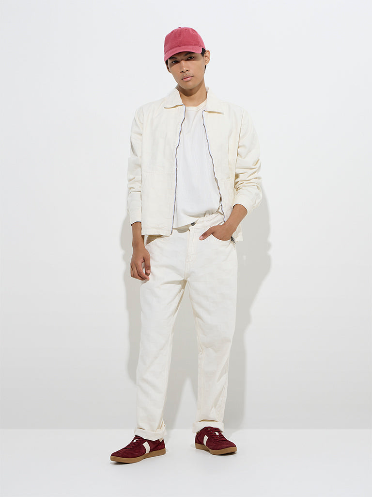 Nuon Off-White Self-Patterned Relaxed-Fit Denim Jacket - Image 3