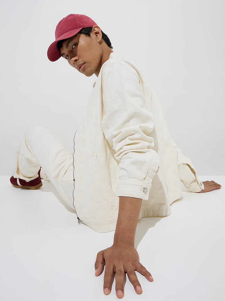 Nuon Off-White Self-Patterned Relaxed-Fit Denim Jacket - Image 4