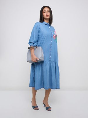 Diza Light Blue Floral Embroidered Cotton-Blend Drop Waist Dress