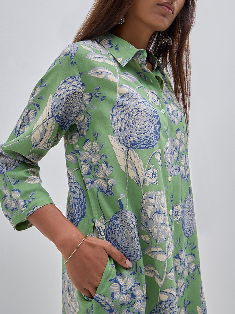 Utsa Green Floral Printed Straight Kurta - Image 2