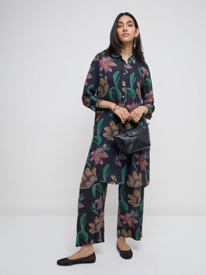 Utsa Black Floral Design A-Line Kurta