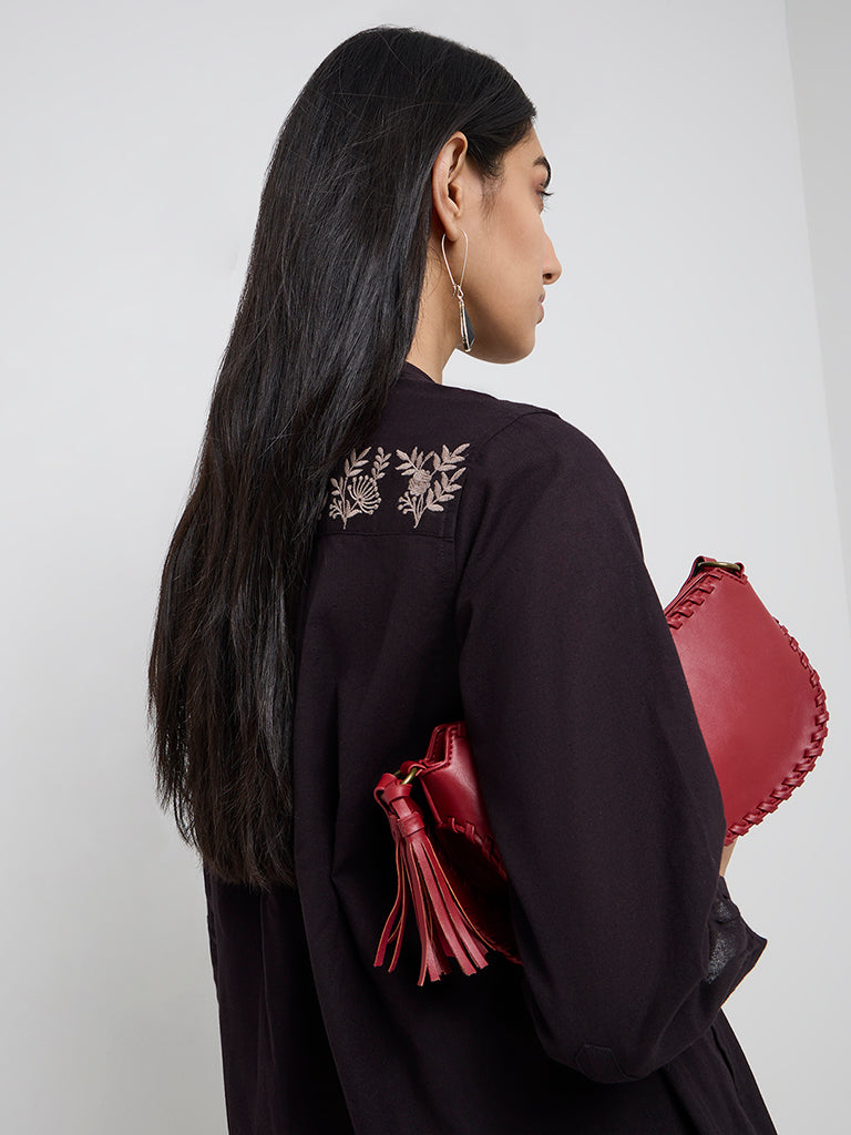 Utsa Black Floral Embroidered Cotton-Blend Tunic - Image 2