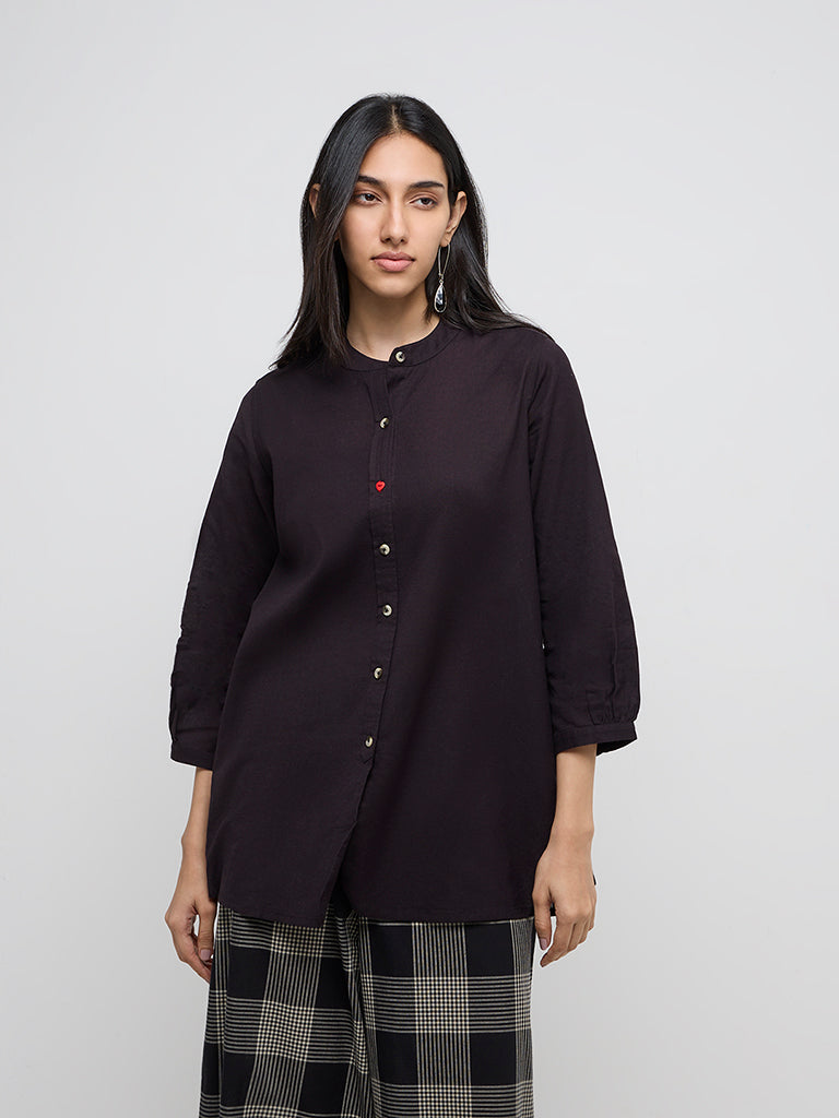 Utsa Black Floral Embroidered Cotton-Blend Tunic - Image 3