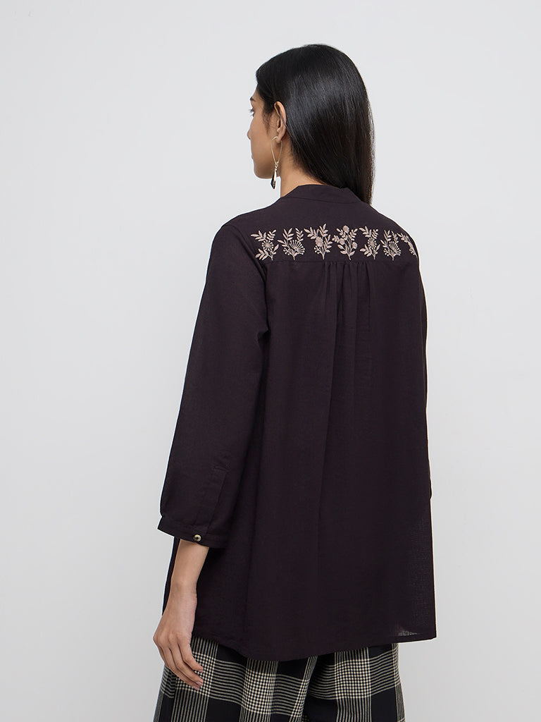 Utsa Black Floral Embroidered Cotton-Blend Tunic - Image 4