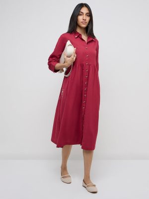 Utsa Magenta Floral Embroidered Cotton-Blend Shirt Dress