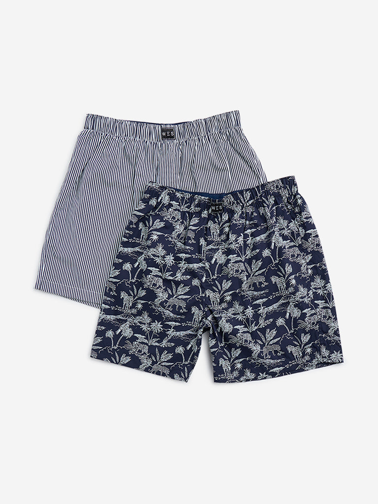 WES Lounge Navy Printed Cotton Boxers - Pack of 2