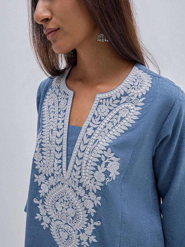 Utsa Blue Paisley Embroidered Cotton A-Line Kurta - Image 2