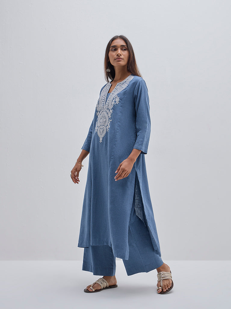Utsa Blue Paisley Embroidered Cotton A-Line Kurta - Image 3