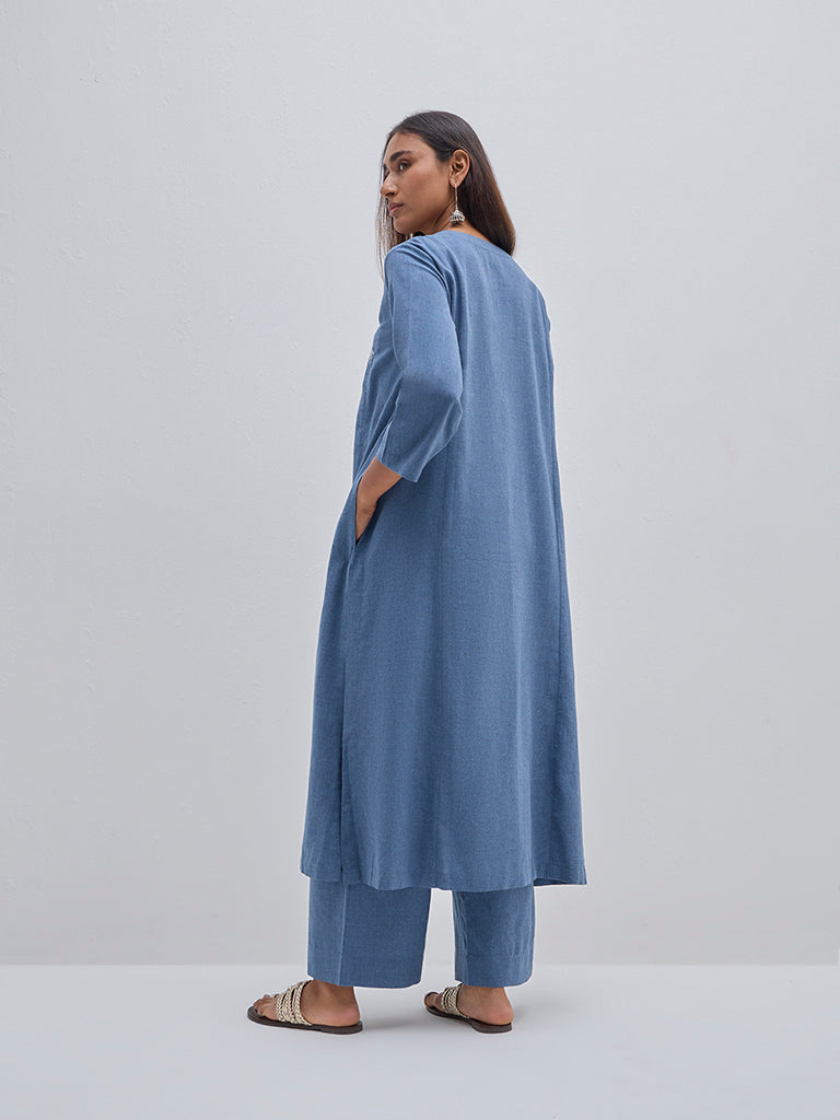 Utsa Blue Paisley Embroidered Cotton A-Line Kurta - Image 4