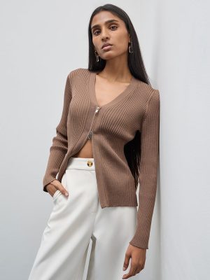 Wardrobe Brown Ribbed Textured Cardigan