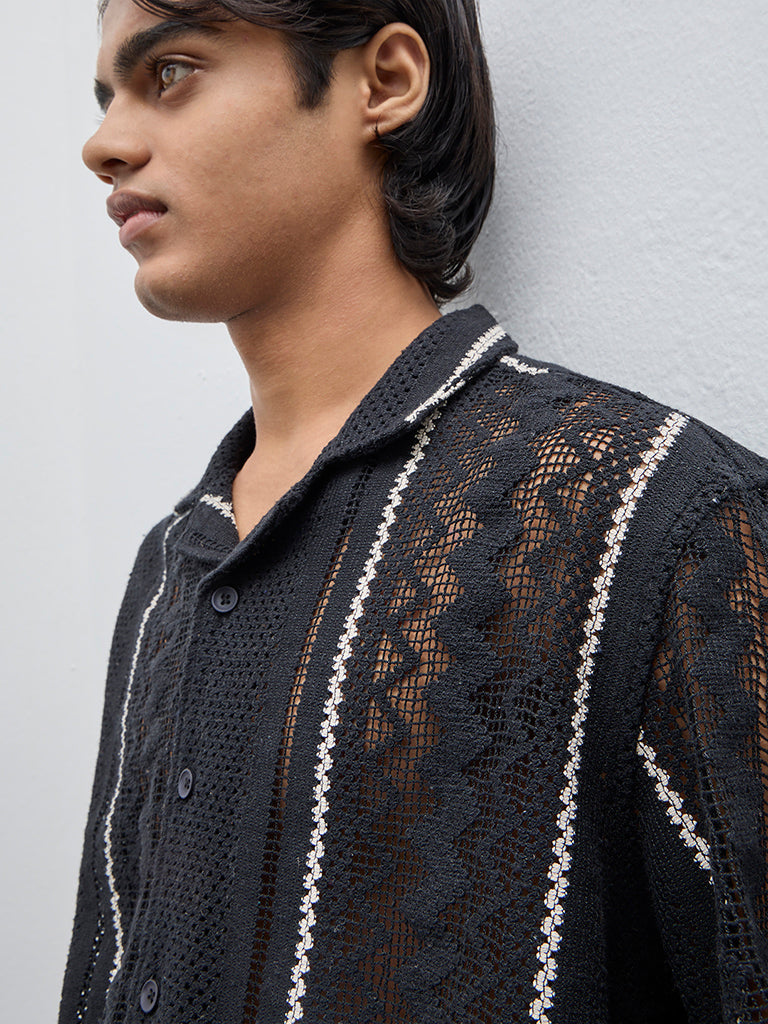 ETA Black Knit-Textured Relaxed-Fit Cotton Shirt - Image 3