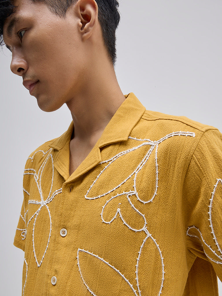 ETA Yellow Floral Embroidered Relaxed-Fit Cotton Shirt - Image 2