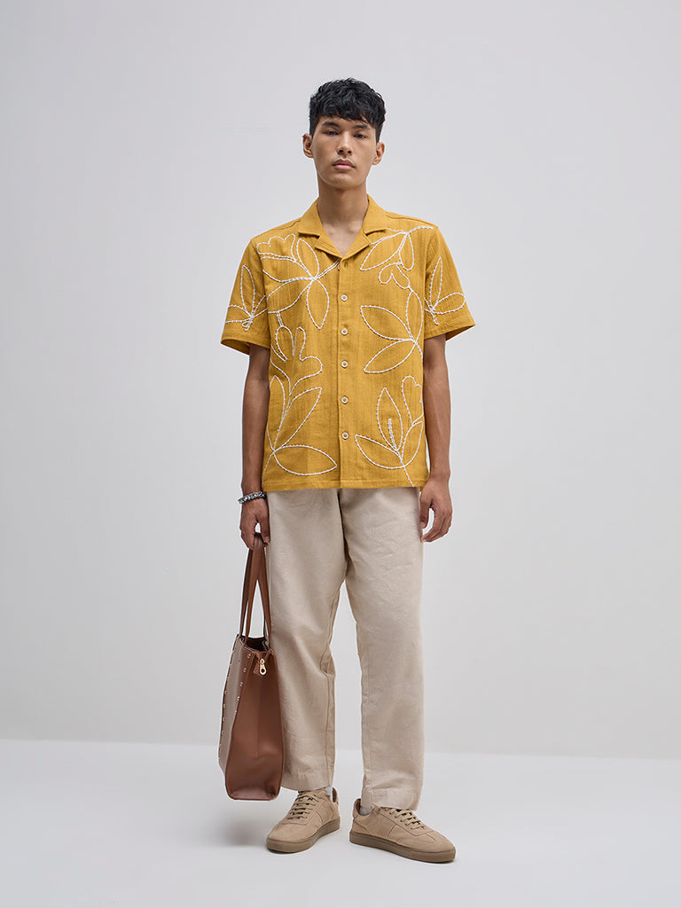 ETA Yellow Floral Embroidered Relaxed-Fit Cotton Shirt - Image 3
