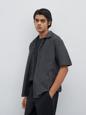 ETA Black Striped Relaxed-Fit Cotton-Blend Shirt