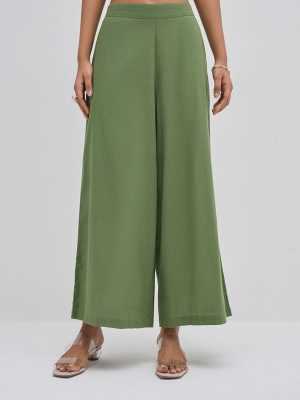 Utsa Green Solid High-Rise Cotton Palazzos