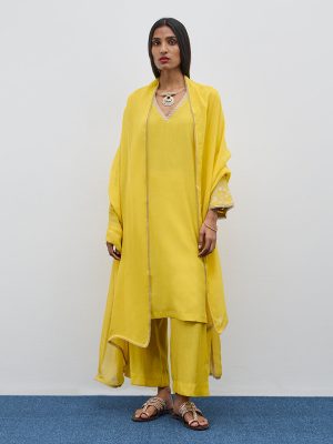 Vark Yellow Embroidered A-Line Kurta. Pants and Dupatta Set