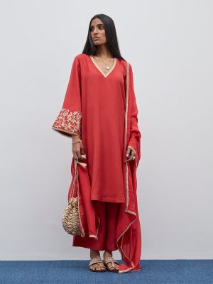 Vark Red Embroidered A-Line Kurta. Pants and Dupatta Set