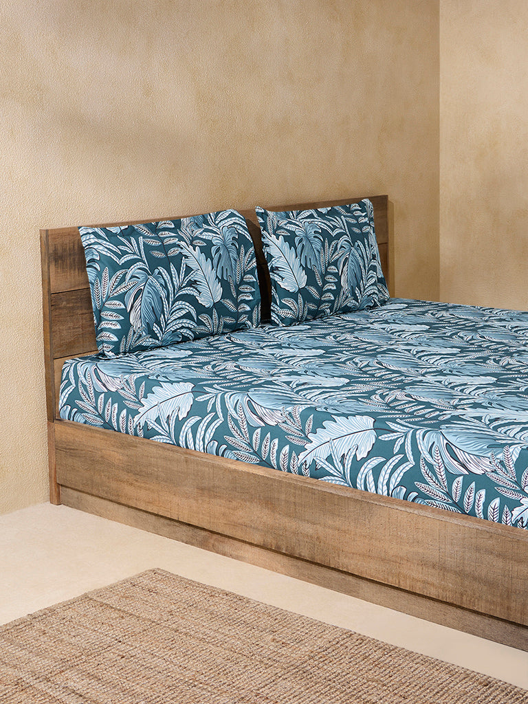Westside Home Teal Leaf Design King Bed Flat Sheet and Pillowcase Set - Image 2