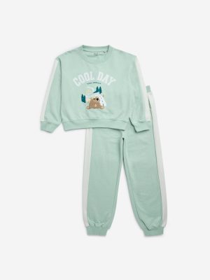HOP Kids Mint Animal Print Cotton Sweatshirt with Joggers Set