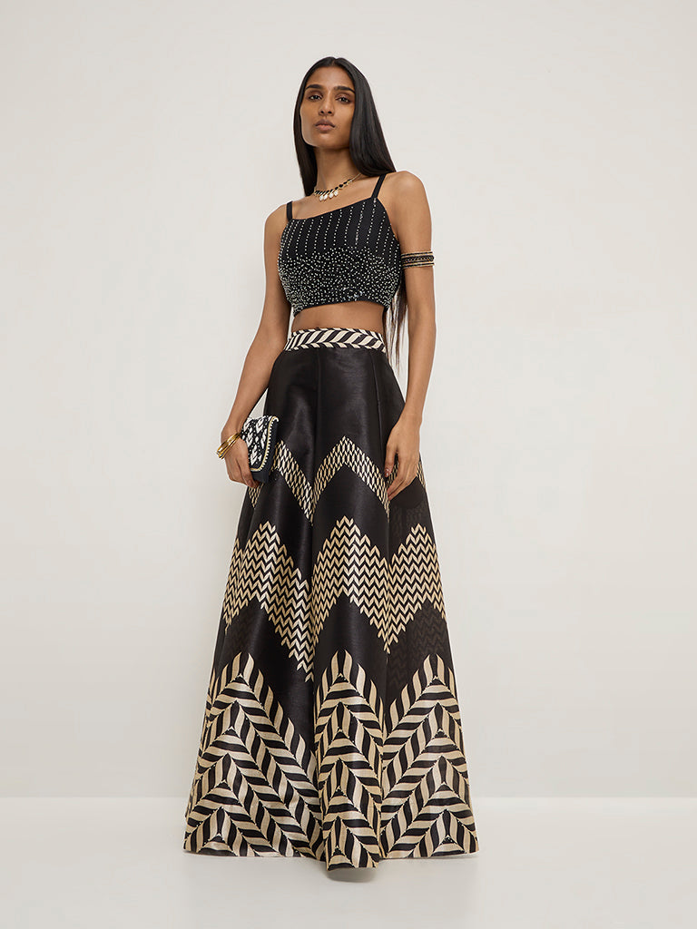 Vark Black Chevron Printed A-Line High-Rise Skirt - Image 3