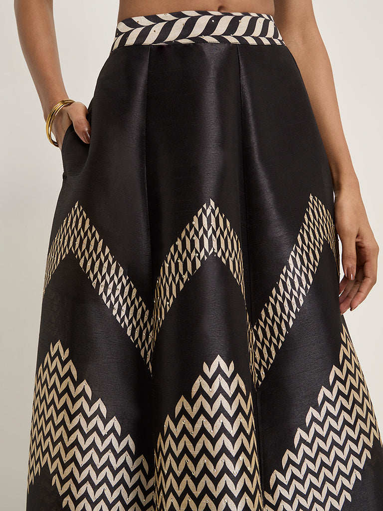 Vark Black Chevron Printed A-Line High-Rise Skirt - Image 4