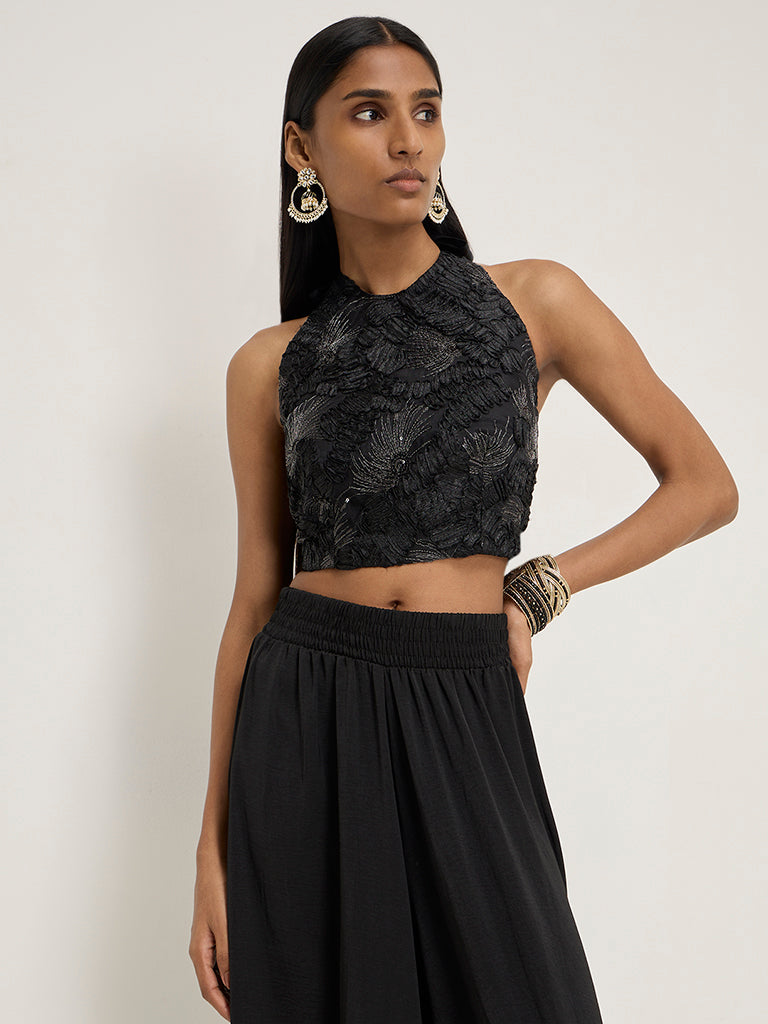 Vark Black Floral Embellished Halter Neck Top - Image 3