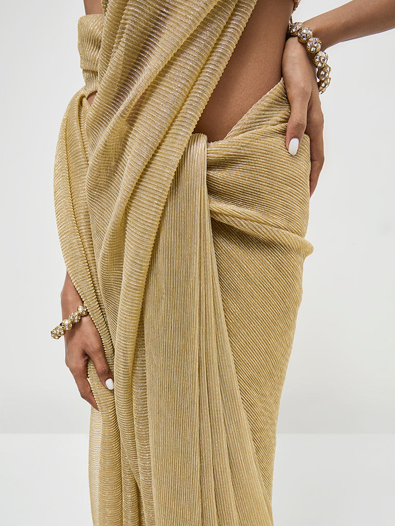 Vark Gold Plisse-Textured Saree - Image 3