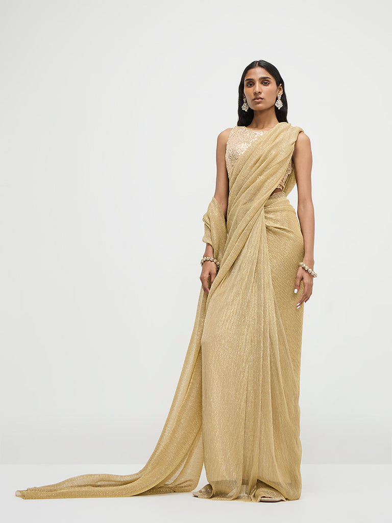 Vark Gold Plisse-Textured Saree - Image 4