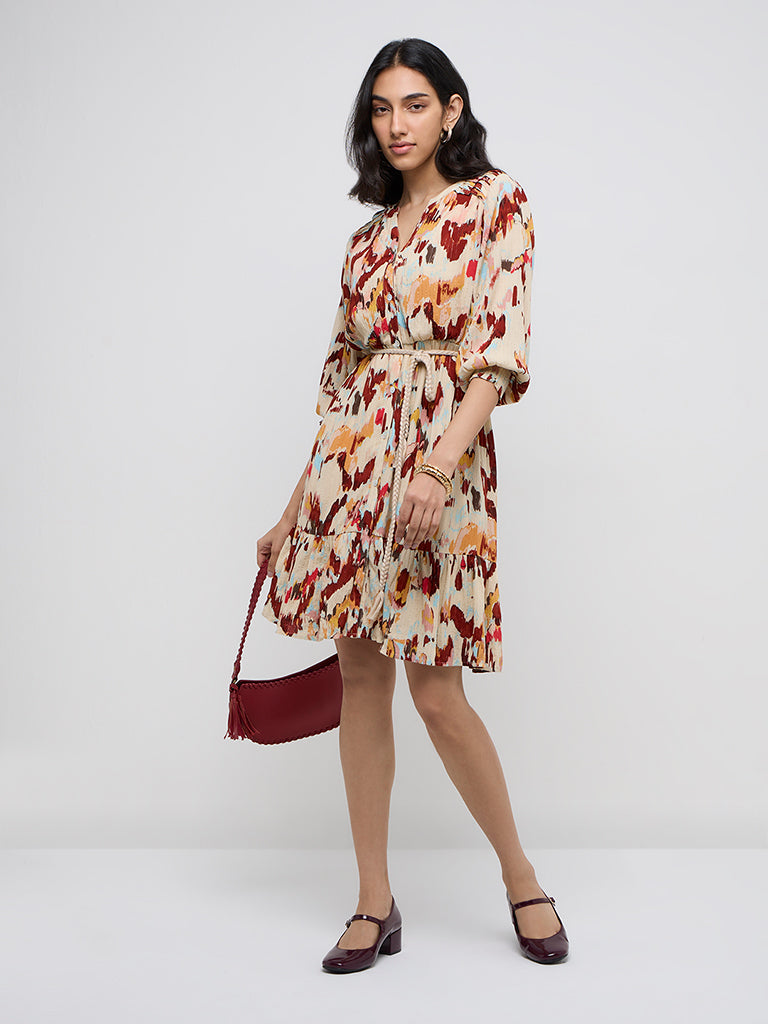 LOV Multicolour Abstract Printed A-Line Dress with Belt - Image 3