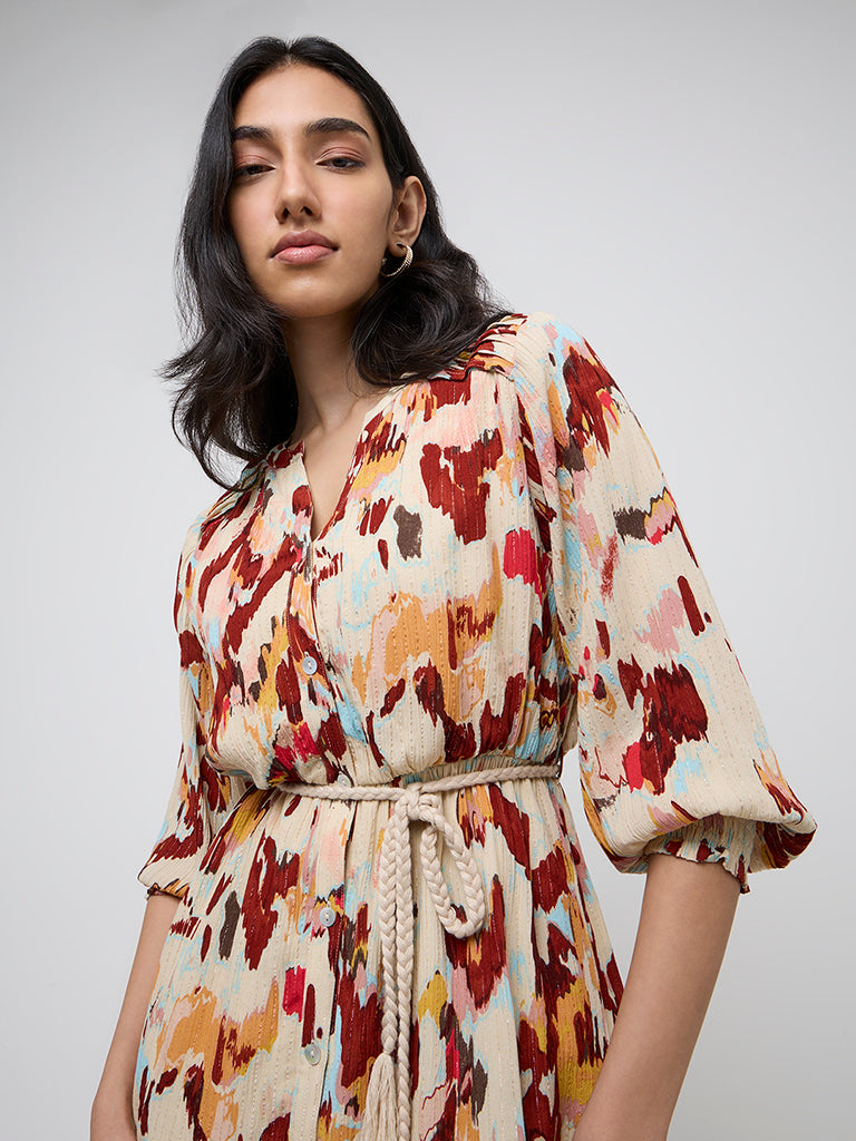 LOV Multicolour Abstract Printed A-Line Dress with Belt - Image 2