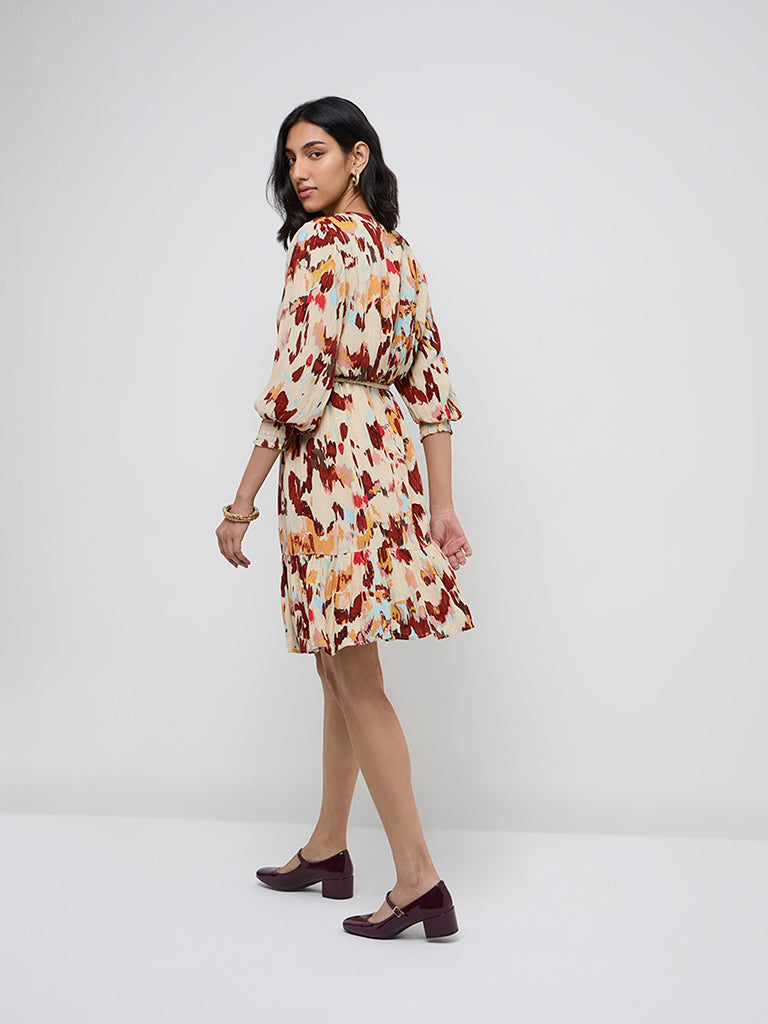 LOV Multicolour Abstract Printed A-Line Dress with Belt - Image 4