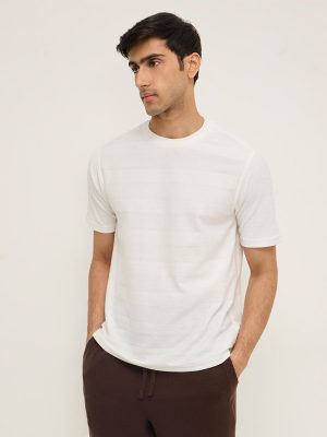 WES Lounge White Self-Patterned Relaxed-Fit Cotton T-Shirt