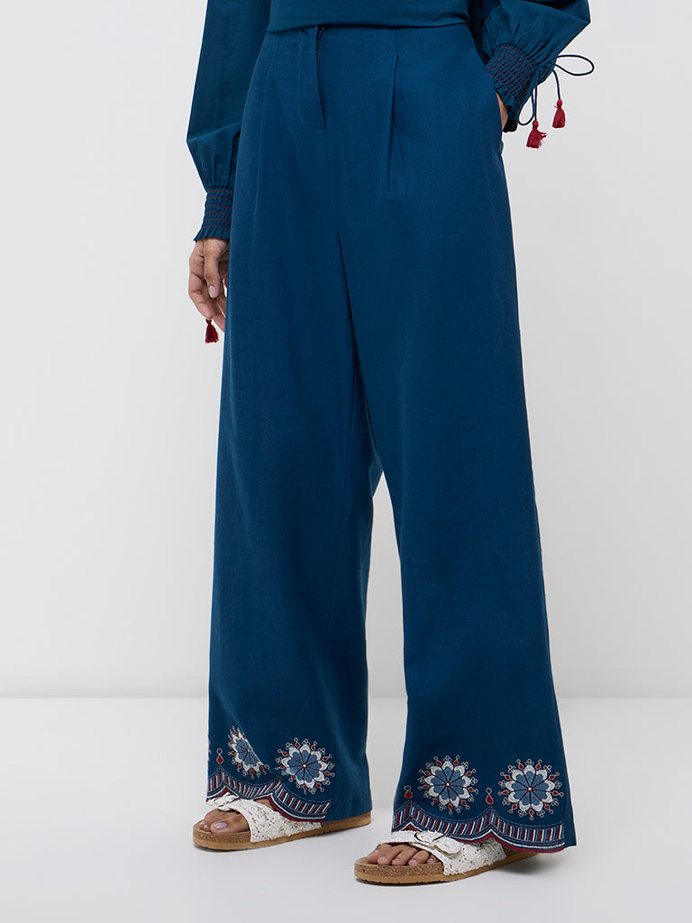 Bombay Paisley Blue Floral High-Rise Cotton-Blend Pants - Image 3