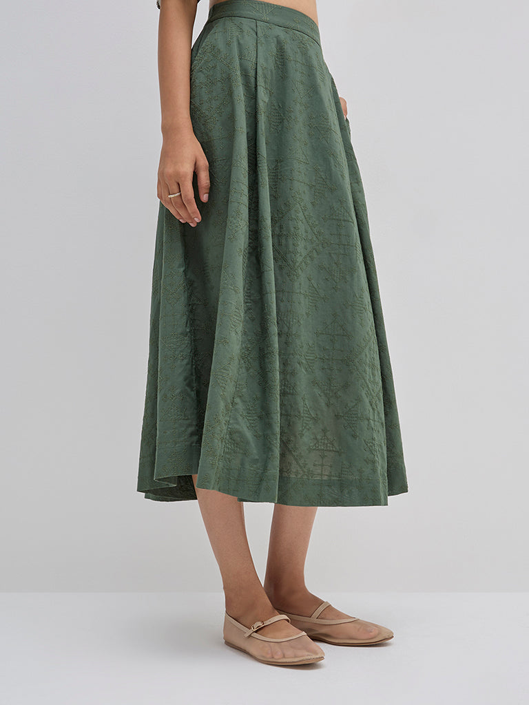 Bombay Paisley Olive Embroidered High-Rise Cotton Skirt - Image 3