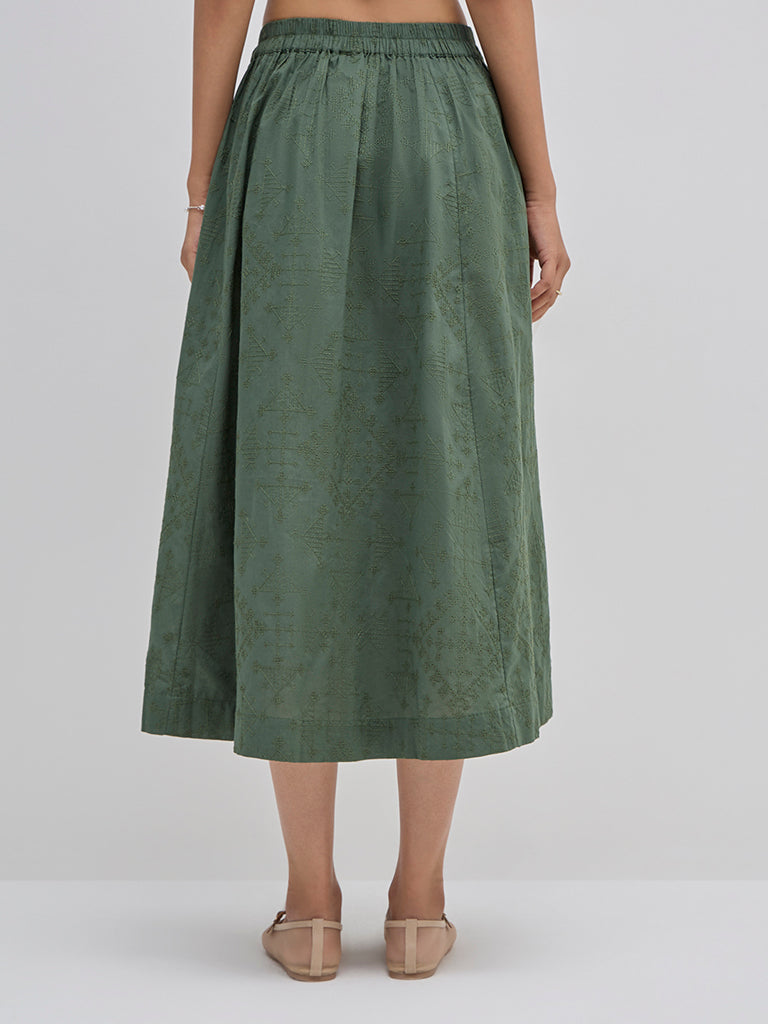 Bombay Paisley Olive Embroidered High-Rise Cotton Skirt - Image 4