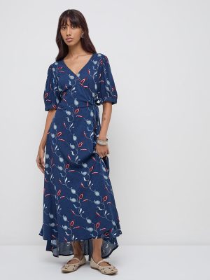 Bombay Paisley Indigo Paisley Design Wrap-Style Dress