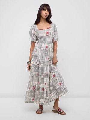 Bombay Paisley Grey Abstract Cotton Tiered Dress