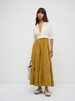 Bombay Paisley Mustard Striped Cotton Tiered Dress with Jacket