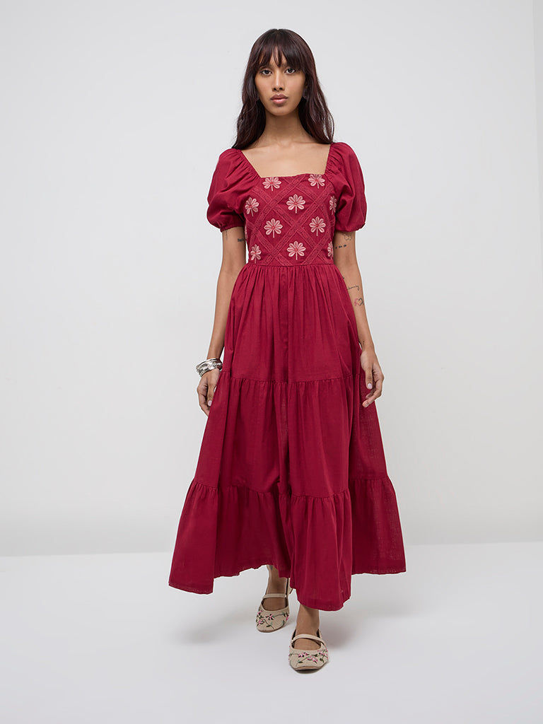 Bombay Paisley Wine Floral Embroidered Cotton Tiered Dress - Image 3