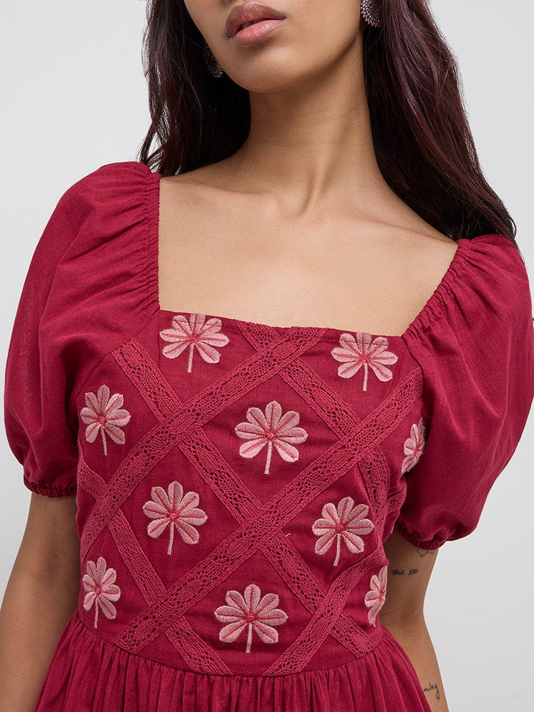 Bombay Paisley Wine Floral Embroidered Cotton Tiered Dress - Image 2