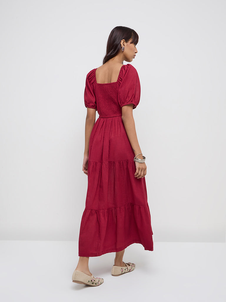 Bombay Paisley Wine Floral Embroidered Cotton Tiered Dress - Image 4