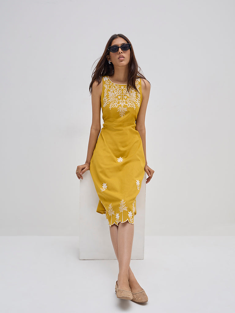 Bombay Paisley Mustard Floral Cotton-Blend Straight Dress