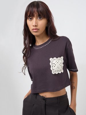 Bombay Paisley Black Crochet-Detailed Cotton Top