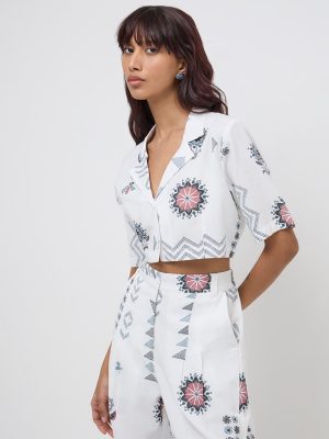 Bombay Paisley White Embroidered Cotton-Blend Cropped Shirt