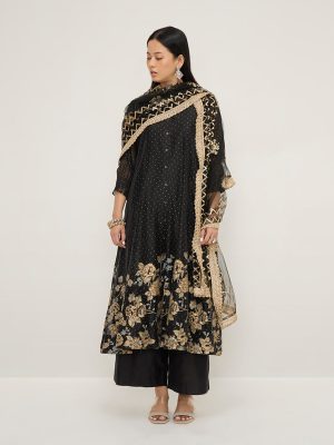 Vark Black Floral Printed A-Line Kurta. Inner. Ethnic Pants and Dupatta Set