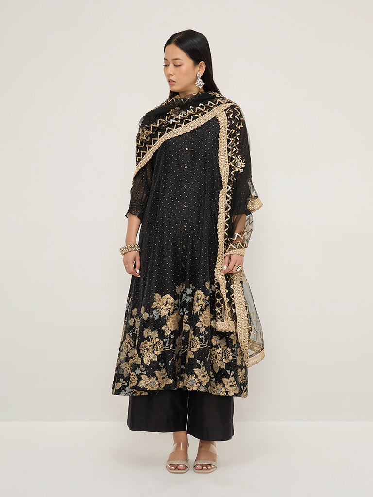 Vark Black Floral Printed A-Line Kurta. Inner. Ethnic Pants and Dupatta Set