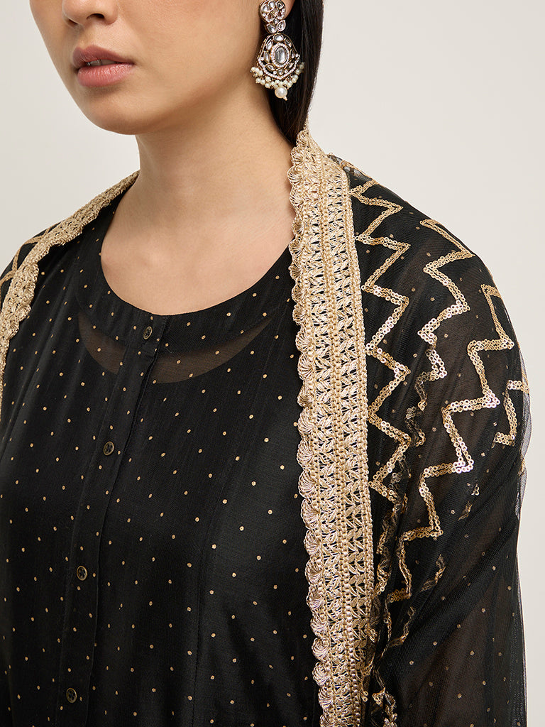 Vark Black Floral Printed A-Line Kurta. Inner. Ethnic Pants and Dupatta Set - Image 2