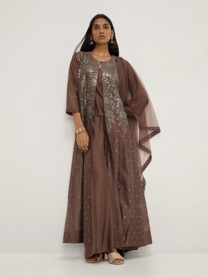 Vark Brown Cotton-Blend Kurta. Inner. Palazzos and Dupatta