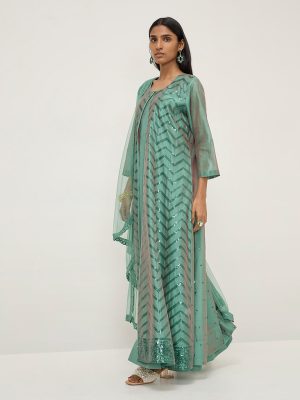 Vark Green Embellished Cotton-Blend Kurta. Inner. Pants and Dupatta Set